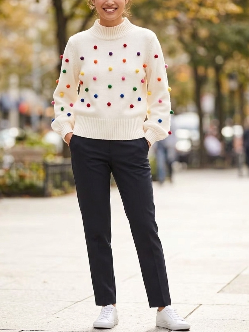 Gilli Multicolor Pom Pom Knit Sweater Mock Neck Cream Balloon Sleeve🧡